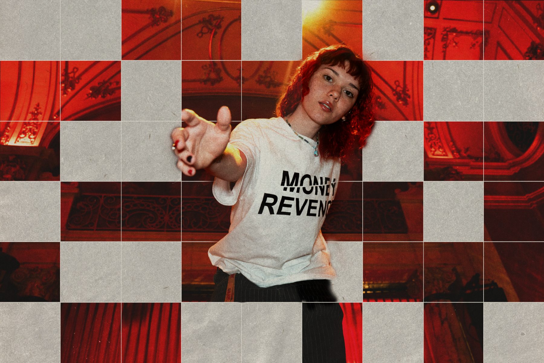 Checkerboard collage of a model in the white Money Revenge tee
