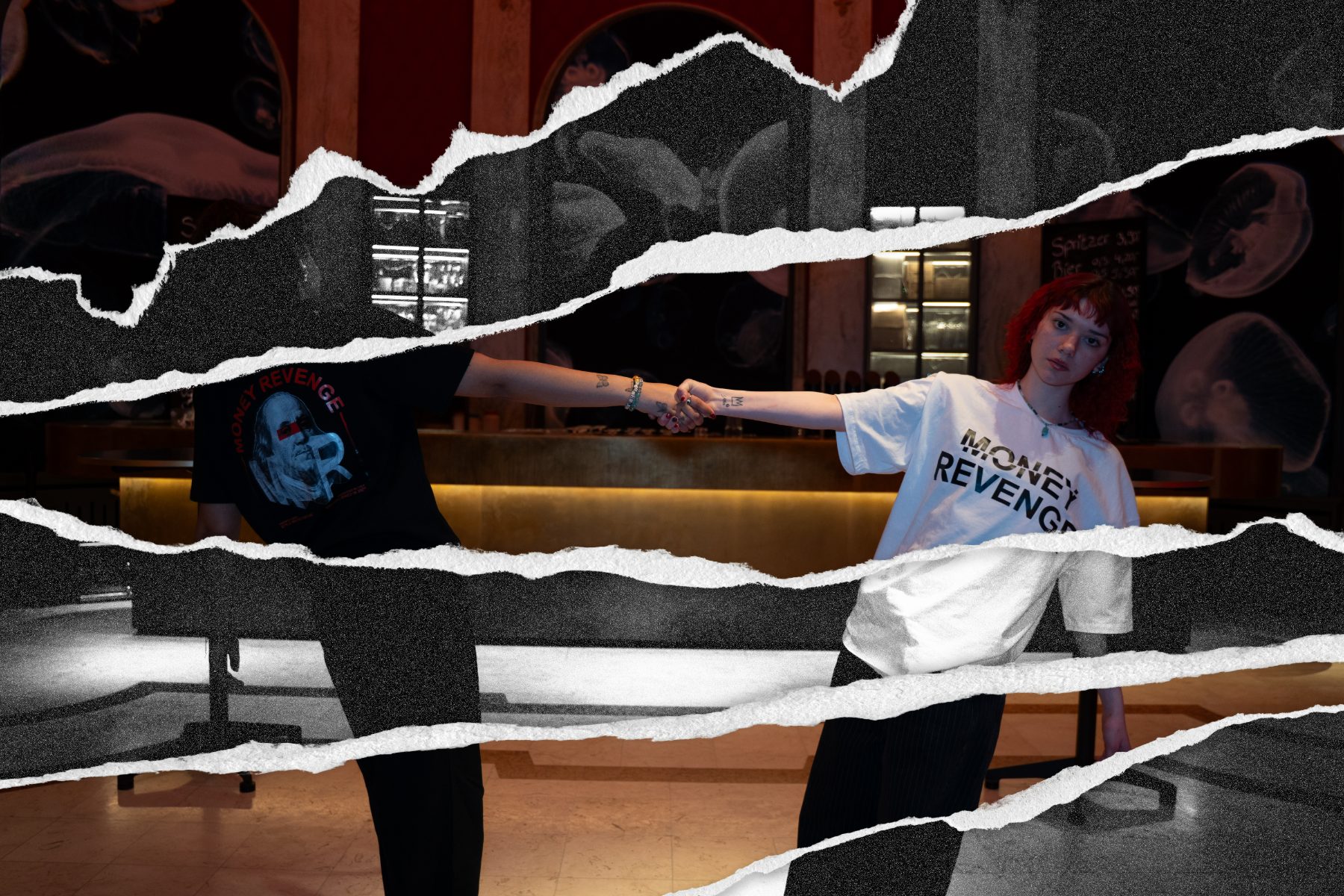 Torn-paper collage of two models shaking hands in the bar