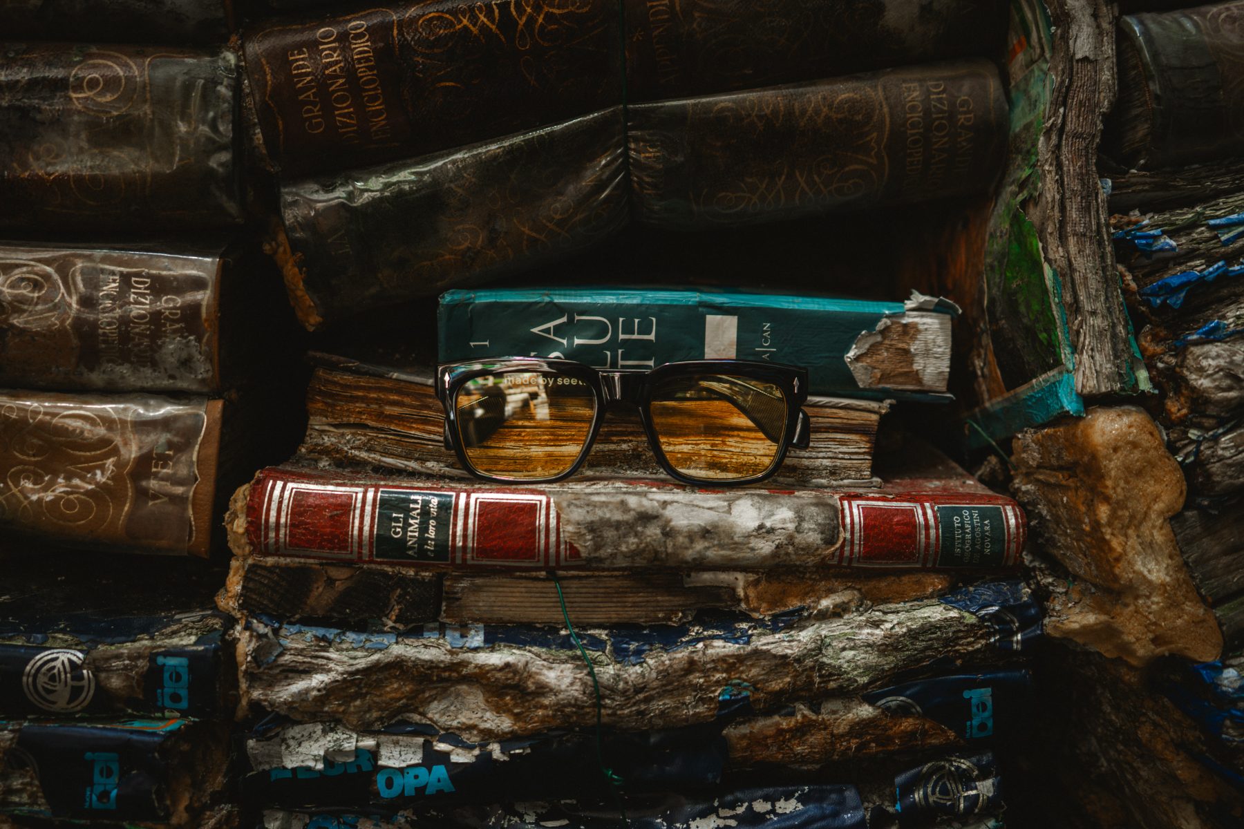 Frames on a stack of weathered encyclopedias